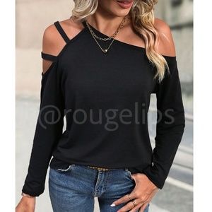Black Strappy Shirt Casual Cold Shoulder, Asymmetrical,  Long Sleeve